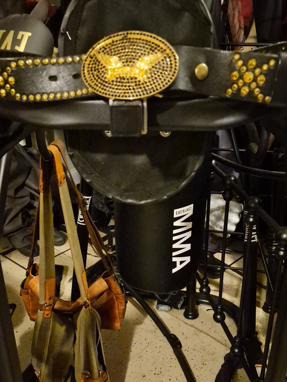 Studded Black Leather Belt with Gold Medallion - Men Accessories